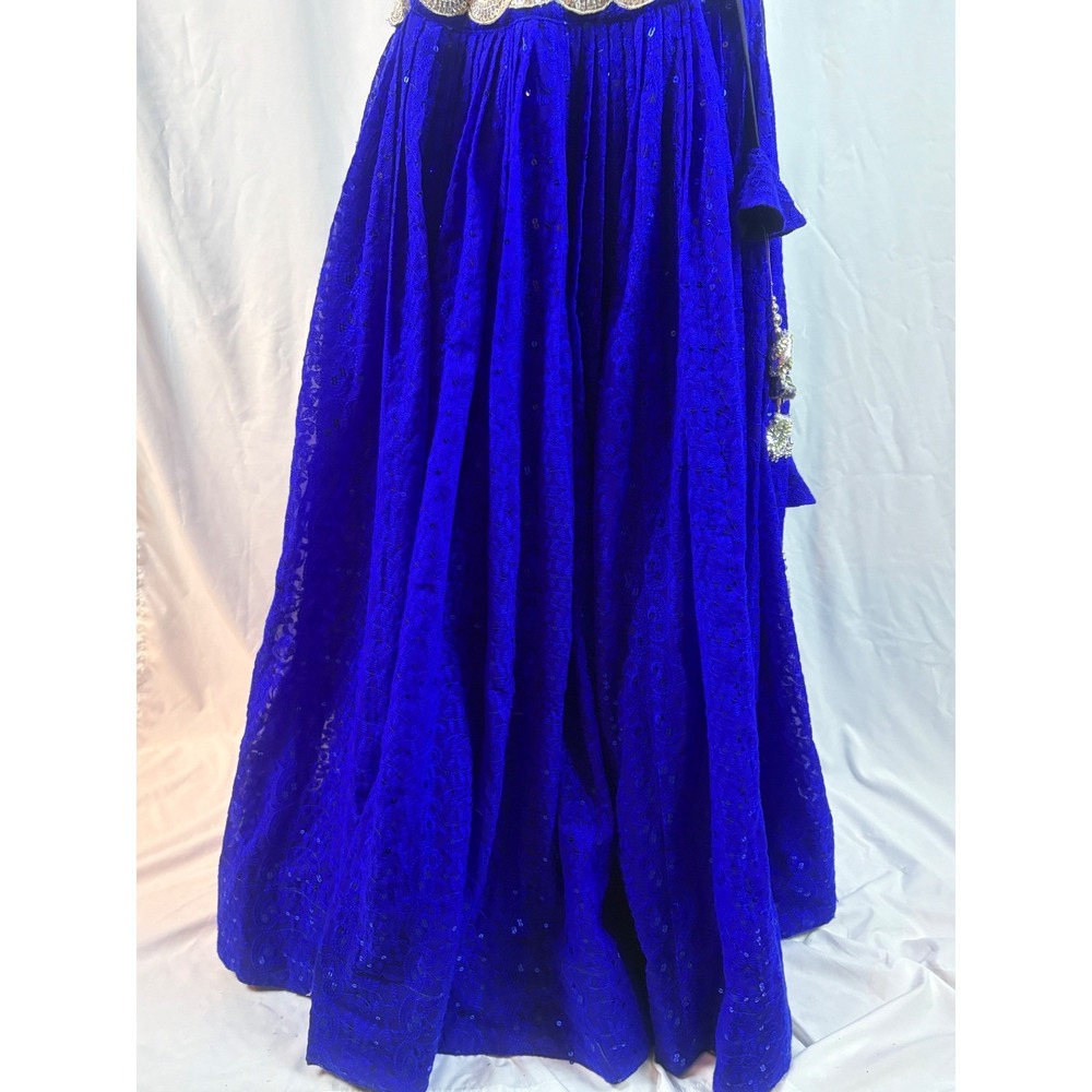 Royal Blue Chikankari Sequin Lehenga Skirt Silver Scalloped Waist Latkan Tassels - Picture 4 of 10